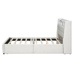 Okwish Lit avec rangement 140 x 200 cm - Lit Double avec 2 Tiroirs et Prise USB - Lin - Sans Matelas - Beige