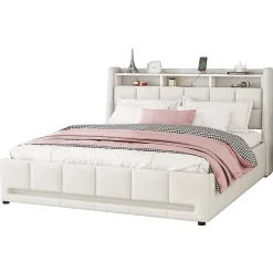 Okwish Lit avec rangement 140 x 200 cm - Lit Double avec 2 Tiroirs et Prise USB - Lin - Sans Matelas - Beige