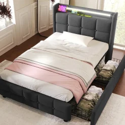 Okwish Lit avec rangement 90 x 200 cm - Lit Simple avec Tiroirs et LED - Lin Bois Métal - Sans Matelas - Gris