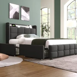 Okwish Lit avec rangement 90 x 200 cm - Lit Simple avec Tiroirs et LED - Lin Bois Métal - Sans Matelas - Gris
