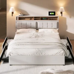 Okwish Lit avec rangement 140 x 200 cm - Lit avec 4 tiroirs, tête de lit avec prise USB-C - Lin + Bois massif - Sans Matelas - Beige
