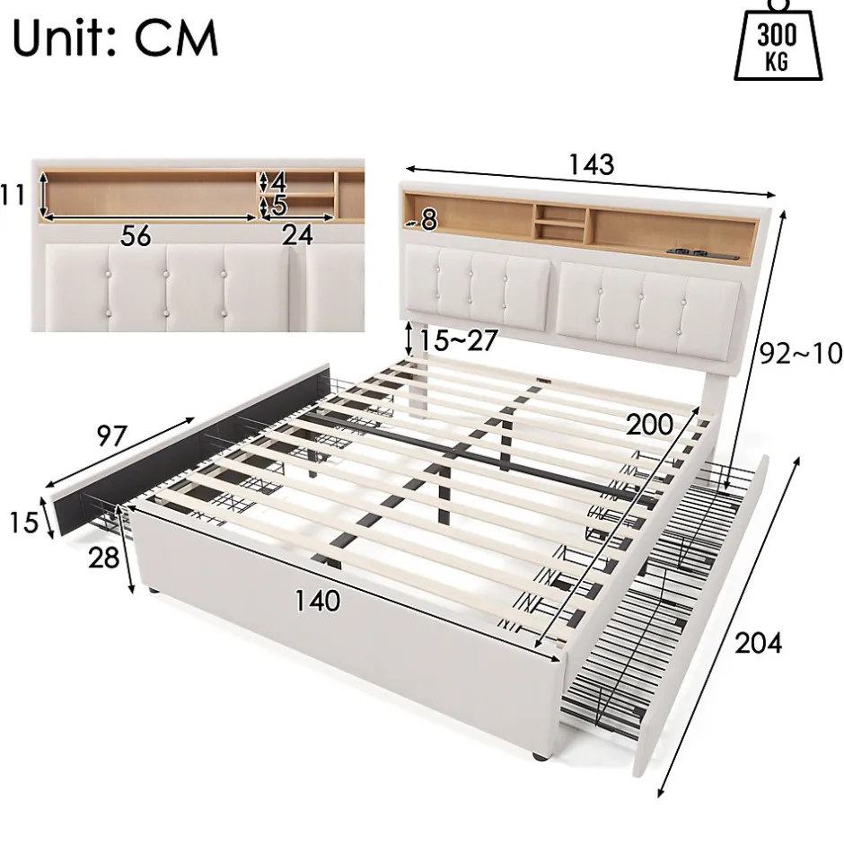 Okwish Lit avec rangement 140 x 200 cm - Lit avec 4 tiroirs, tête de lit avec prise USB-C - Lin + Bois massif - Sans Matelas - Beige
