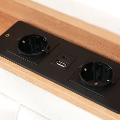Okwish Lit avec rangement 140 x 200 cm - Lit avec 4 tiroirs, tête de lit avec prise USB-C - Lin + Bois massif - Sans Matelas - Beige