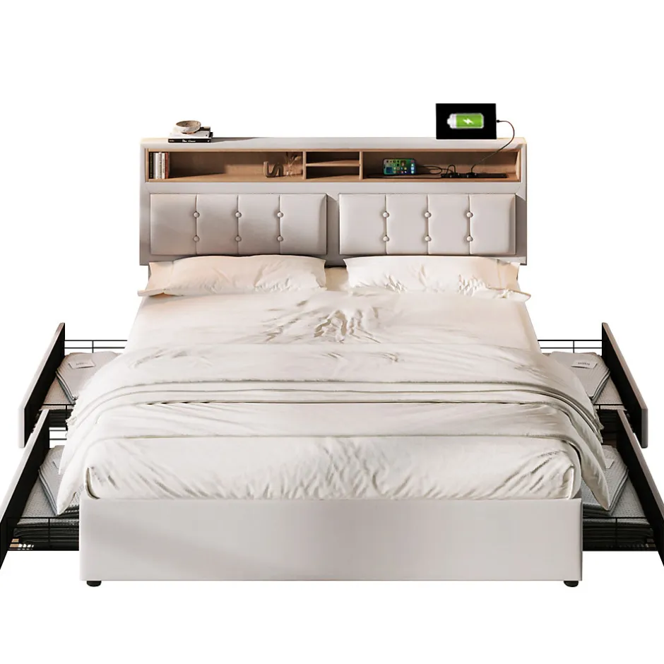 Okwish Lit avec rangement 140 x 200 cm - Lit avec 4 tiroirs, tête de lit avec prise USB-C - Lin + Bois massif - Sans Matelas - Beige
