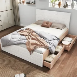 Okwish Lit avec rangement 160 x 200 cm - Lit Double avec 2 Tiroirs - Bois MDF - Sans Matelas - Blanc Chêne New