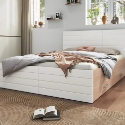 Okwish Lit avec rangement 160 x 200 cm - Lit Double avec 2 Tiroirs - Bois MDF - Sans Matelas - Blanc Chêne New