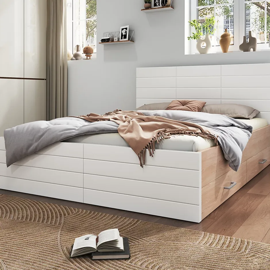 Okwish Lit avec rangement 160 x 200 cm - Lit Double avec 2 Tiroirs - Bois MDF - Sans Matelas - Blanc Chêne New