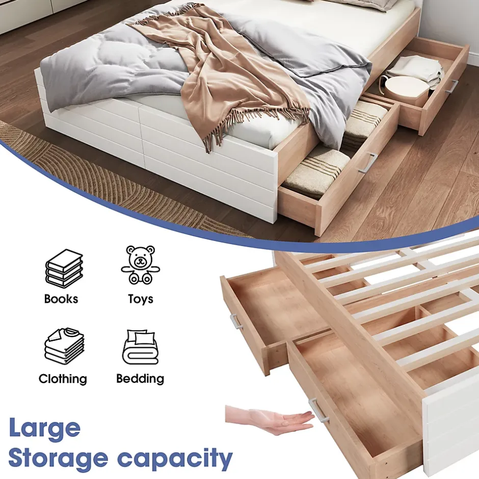 Okwish Lit avec rangement 160 x 200 cm - Lit Double avec 2 Tiroirs - Bois MDF - Sans Matelas - Blanc Chêne New