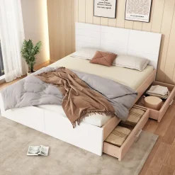 Okwish Lit avec rangement 160 x 200 cm - Lit Double avec 2 Tiroirs - Bois MDF - Sans Matelas - Blanc Chêne New