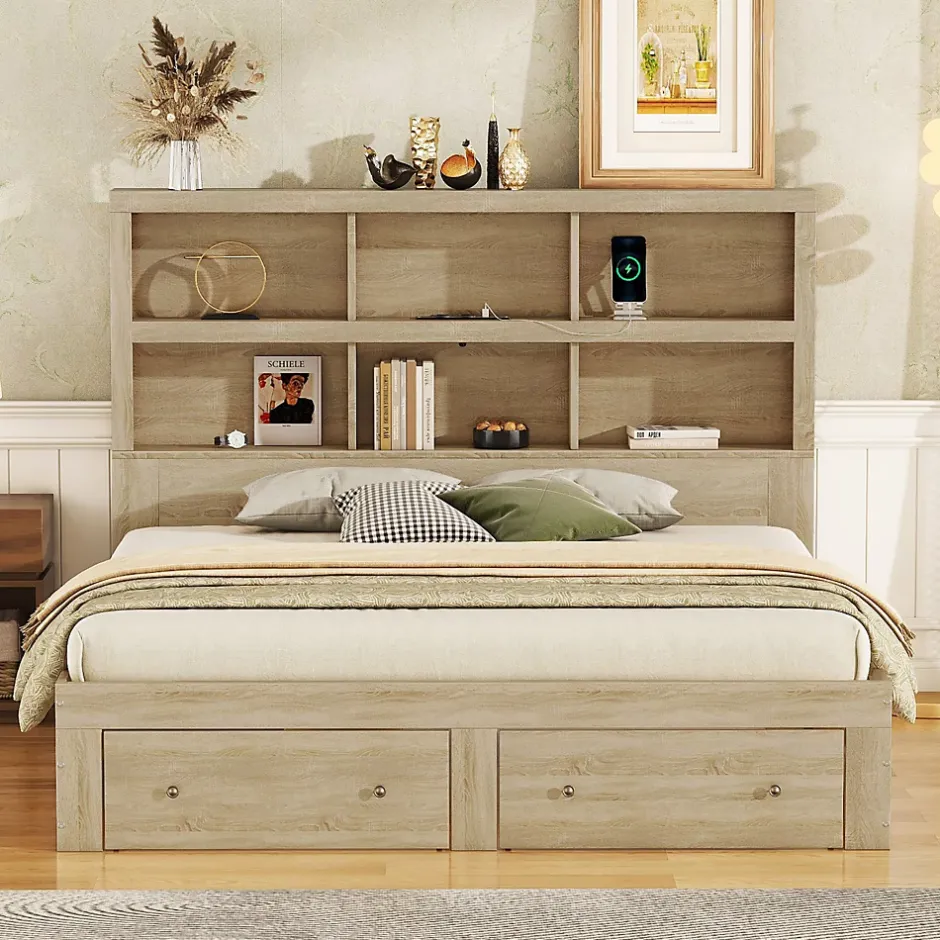 Okwish Lit avec rangement 160 x 200 cm Lit double avec 2 tiroirs et tête de lit fonctionnelle - Sans matelas - Naturel Discount