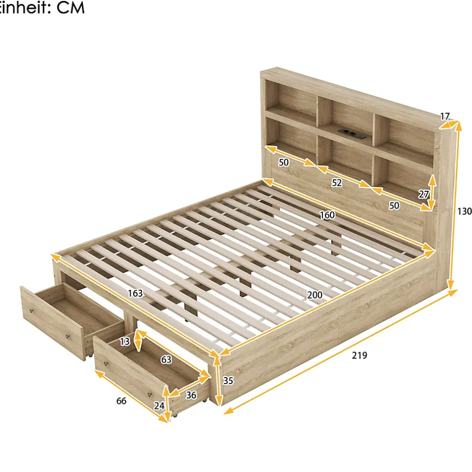 Okwish Lit avec rangement 160 x 200 cm Lit double avec 2 tiroirs et tête de lit fonctionnelle - Sans matelas - Naturel Discount