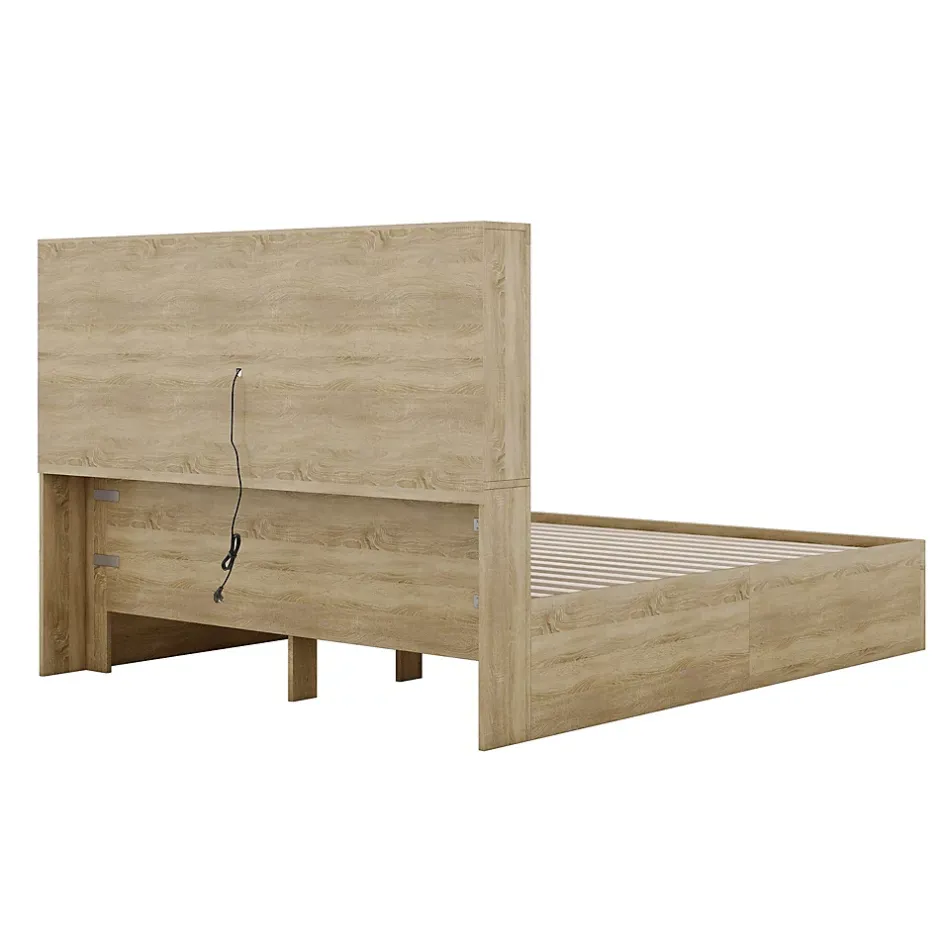 Okwish Lit avec rangement 160 x 200 cm Lit double avec 2 tiroirs et tête de lit fonctionnelle - Sans matelas - Naturel Discount