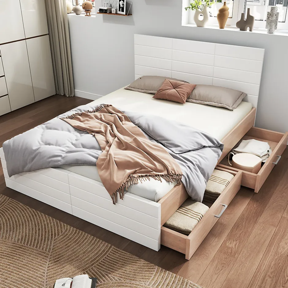 Okwish Lit avec rangement 140 x 200 cm - Lit Double avec 2 Tiroirs - Bois MDF - Sans Matelas - Blanc
