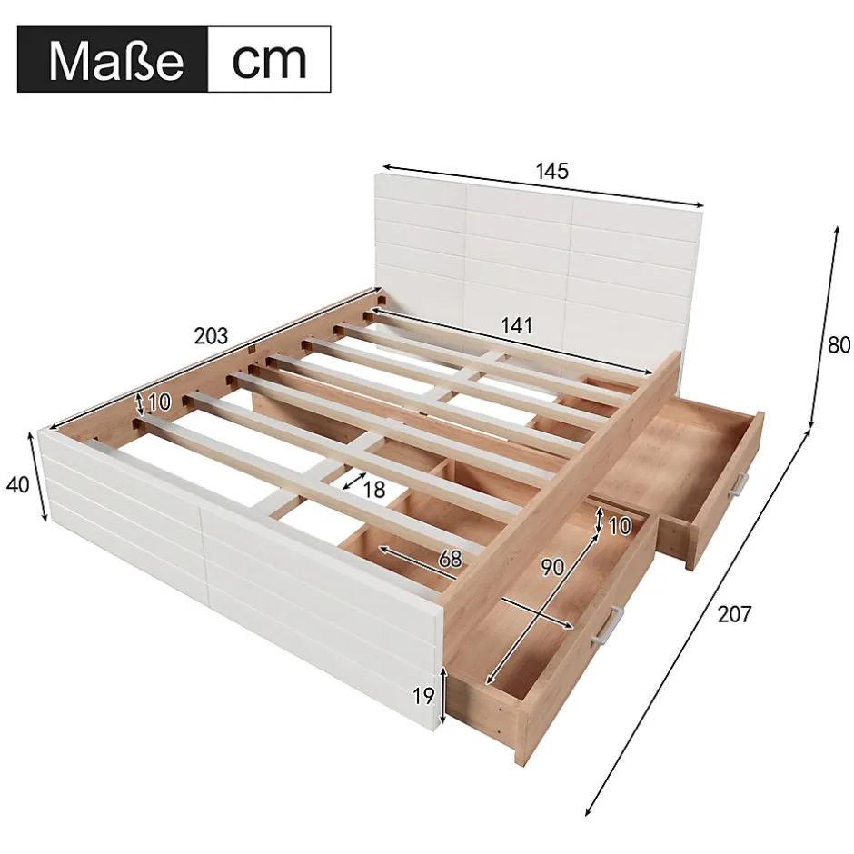 Okwish Lit avec rangement 140 x 200 cm - Lit Double avec 2 Tiroirs - Bois MDF - Sans Matelas - Blanc