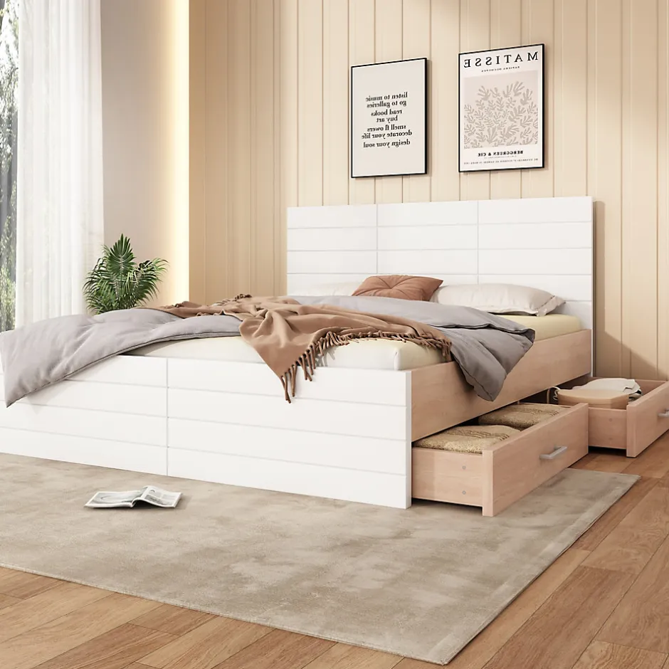 Okwish Lit avec rangement 140 x 200 cm - Lit Double avec 2 Tiroirs - Bois MDF - Sans Matelas - Blanc