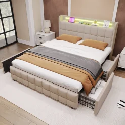 Generique Lit avec rangement 160 x 200 cm - Lit Double avec Ports USB et LED - Lin Bois Métal - Sans Matelas - Beige