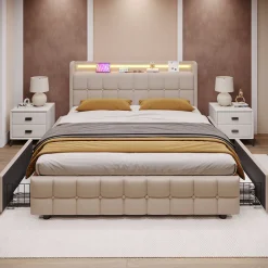 Generique Lit avec rangement 160 x 200 cm - Lit Double avec Ports USB et LED - Lin Bois Métal - Sans Matelas - Beige