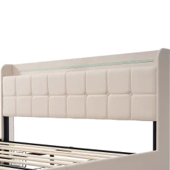 Generique Lit avec rangement 160 x 200 cm - Lit Double avec Ports USB et LED - Lin Bois Métal - Sans Matelas - Beige