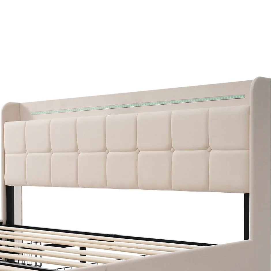 Generique Lit avec rangement 160 x 200 cm - Lit Double avec Ports USB et LED - Lin Bois Métal - Sans Matelas - Beige