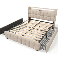 Generique Lit avec rangement 160 x 200 cm - Lit Double avec Ports USB et LED - Lin Bois Métal - Sans Matelas - Beige