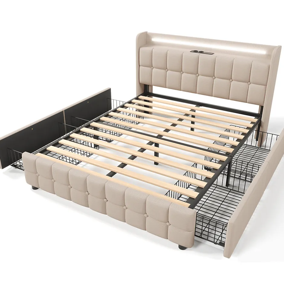 Generique Lit avec rangement 160 x 200 cm - Lit Double avec Ports USB et LED - Lin Bois Métal - Sans Matelas - Beige