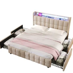 Generique Lit avec rangement 160 x 200 cm - Lit Double avec Ports USB et LED - Lin Bois Métal - Sans Matelas - Beige