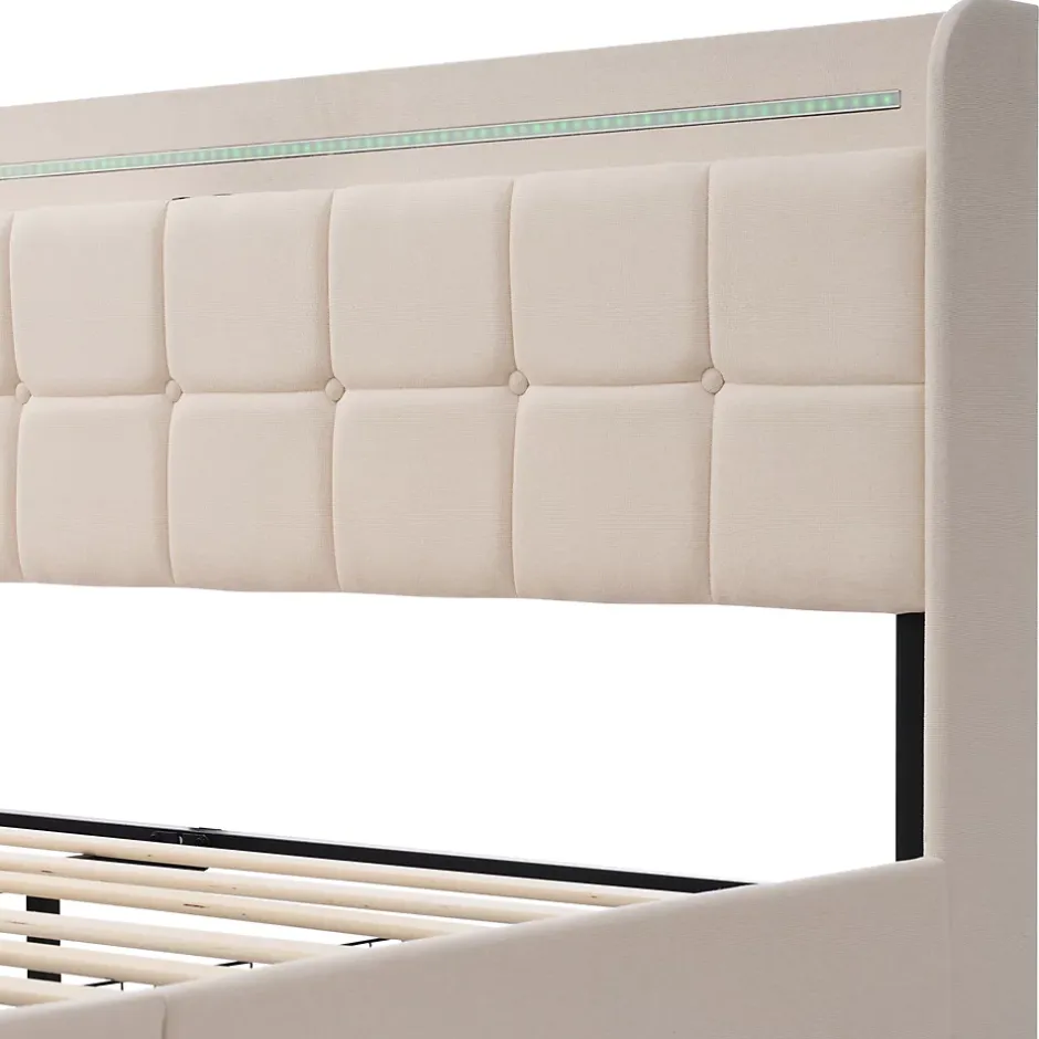 Okwish Lit avec rangement 140 x 200 cm - Lit Double avec 4 Tiroirs et LED - Lin Bois Métal - Sans Matelas - Beige New