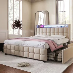 Okwish Lit avec rangement 140 x 200 cm - Lit Double avec 4 Tiroirs et LED - Lin Bois Métal - Sans Matelas - Beige New