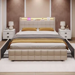 Okwish Lit avec rangement 140 x 200 cm - Lit Double avec 4 Tiroirs et LED - Lin Bois Métal - Sans Matelas - Beige New