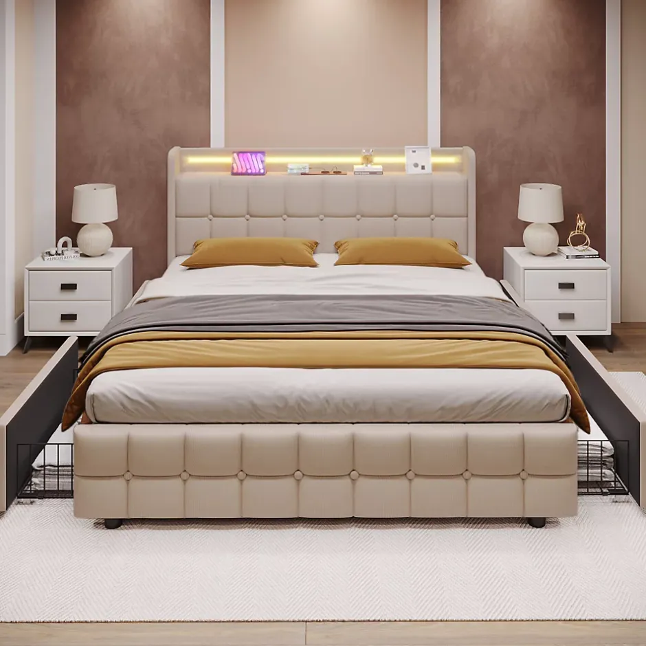 Okwish Lit avec rangement 140 x 200 cm - Lit Double avec 4 Tiroirs et LED - Lin Bois Métal - Sans Matelas - Beige New