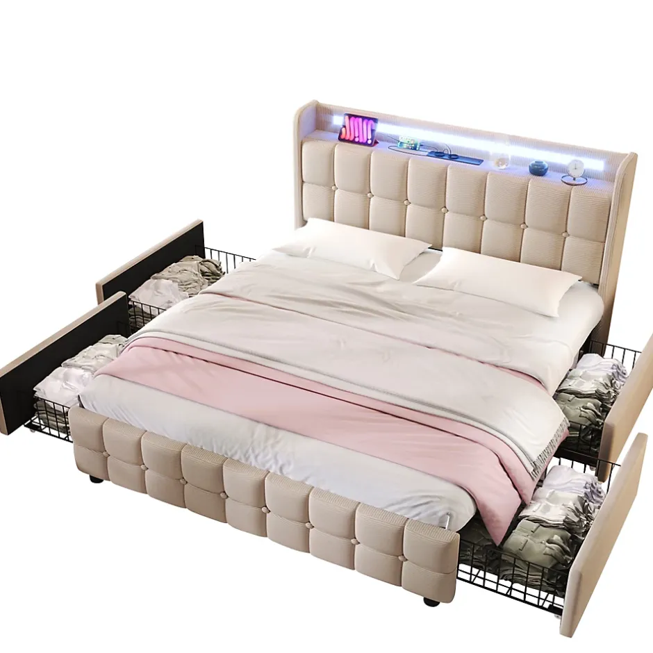 Okwish Lit avec rangement 140 x 200 cm - Lit Double avec 4 Tiroirs et LED - Lin Bois Métal - Sans Matelas - Beige New