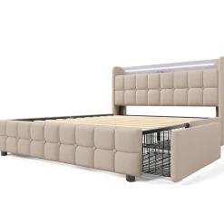 Okwish Lit avec rangement 140 x 200 cm - Lit Double avec 4 Tiroirs et LED - Lin Bois Métal - Sans Matelas - Beige New