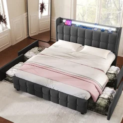 Okwish Lit avec rangement 140 x 200 cm - Lit Double avec 4 Tiroirs et LED - Lin Bois Métal - Sans Matelas - Gris