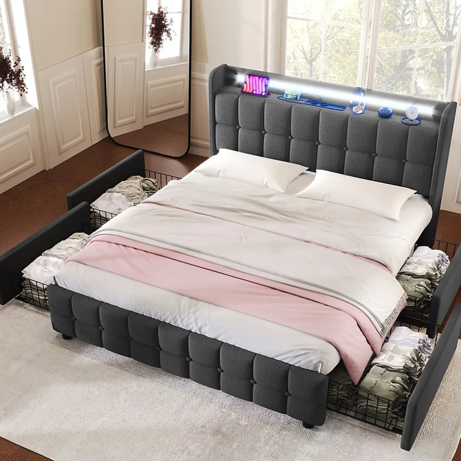 Okwish Lit avec rangement 140 x 200 cm - Lit Double avec 4 Tiroirs et LED - Lin Bois Métal - Sans Matelas - Gris