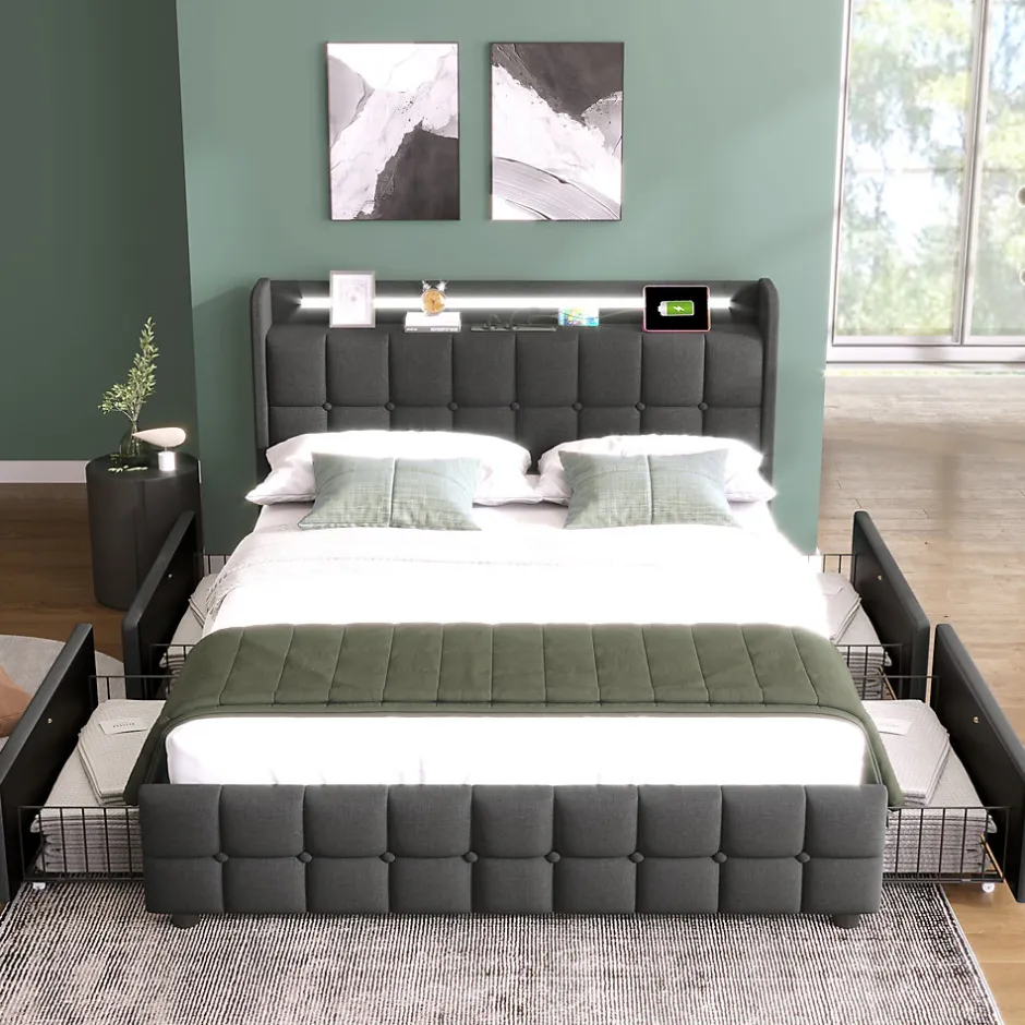 Okwish Lit avec rangement 140 x 200 cm - Lit Double avec 4 Tiroirs et LED - Lin Bois Métal - Sans Matelas - Gris
