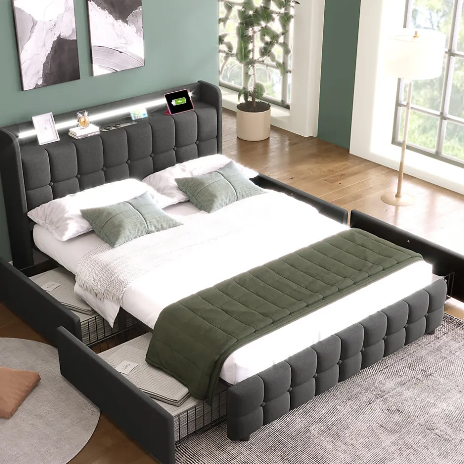 Okwish Lit avec rangement 140 x 200 cm - Lit Double avec 4 Tiroirs et LED - Lin Bois Métal - Sans Matelas - Gris