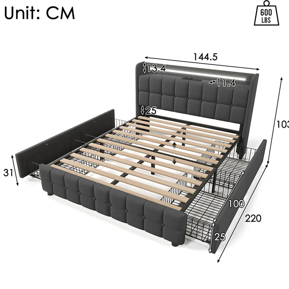 Okwish Lit avec rangement 140 x 200 cm - Lit Double avec 4 Tiroirs et LED - Lin Bois Métal - Sans Matelas - Gris