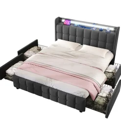 Okwish Lit avec rangement 140 x 200 cm - Lit Double avec 4 Tiroirs et LED - Lin Bois Métal - Sans Matelas - Gris