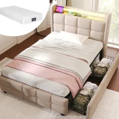 Okwish Lit avec rangement 90 x 200 cm - Lit Simple avec Ports USB et Matelas - Lin Bois Métal - avec Matelas - Beige