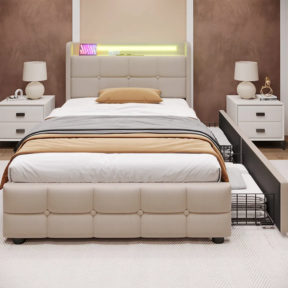 Okwish Lit avec rangement 90 x 200 cm - Lit Simple avec Ports USB et Matelas - Lin Bois Métal - avec Matelas - Beige