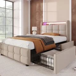 Okwish Lit avec rangement 90 x 200 cm - Lit Simple avec Ports USB et Matelas - Lin Bois Métal - avec Matelas - Beige