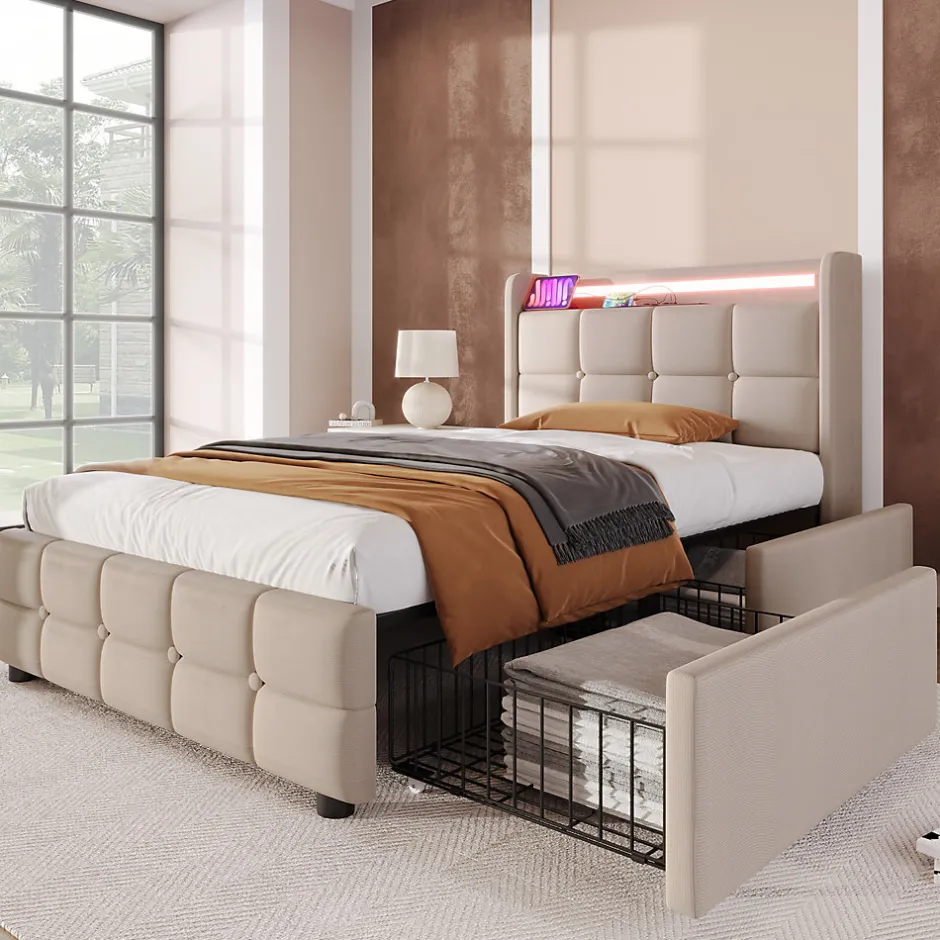 Okwish Lit avec rangement 90 x 200 cm - Lit Simple avec Ports USB et Matelas - Lin Bois Métal - avec Matelas - Beige