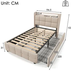 Okwish Lit avec rangement 90 x 200 cm - Lit Simple avec Ports USB et Matelas - Lin Bois Métal - avec Matelas - Beige