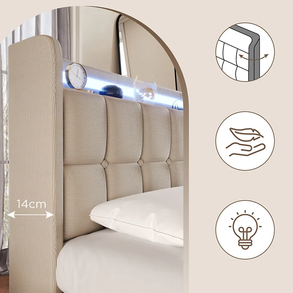 Okwish Lit avec rangement 90 x 200 cm - Lit Simple avec Ports USB et Matelas - Lin Bois Métal - avec Matelas - Beige