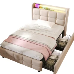 Okwish Lit avec rangement 90 x 200 cm - Lit Simple avec Ports USB et Matelas - Lin Bois Métal - avec Matelas - Beige