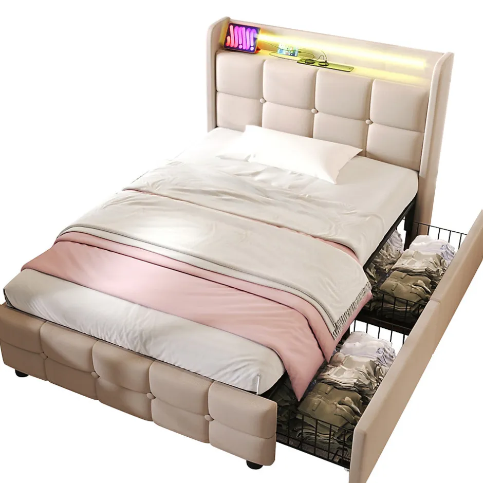 Okwish Lit avec rangement 90 x 200 cm - Lit Simple avec Ports USB et Matelas - Lin Bois Métal - avec Matelas - Beige