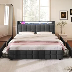 Okwish Lit avec rangement 160 x 200 cm - Lit Double avec Ports USB et LED - Lin Bois Métal - Sans Matelas - Gris Online