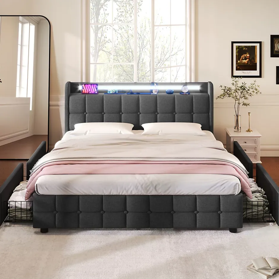 Okwish Lit avec rangement 160 x 200 cm - Lit Double avec Ports USB et LED - Lin Bois Métal - Sans Matelas - Gris Online