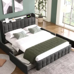 Okwish Lit avec rangement 160 x 200 cm - Lit Double avec Ports USB et LED - Lin Bois Métal - Sans Matelas - Gris Online