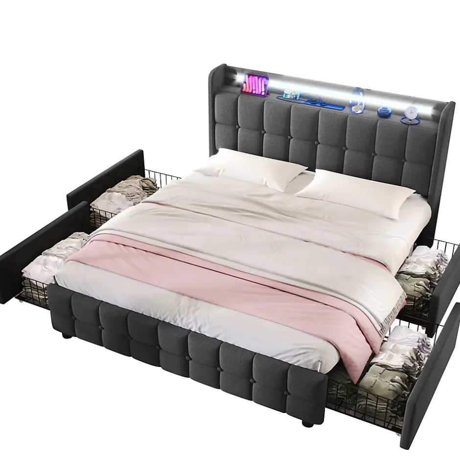 Okwish Lit avec rangement 160 x 200 cm - Lit Double avec Ports USB et LED - Lin Bois Métal - Sans Matelas - Gris Online